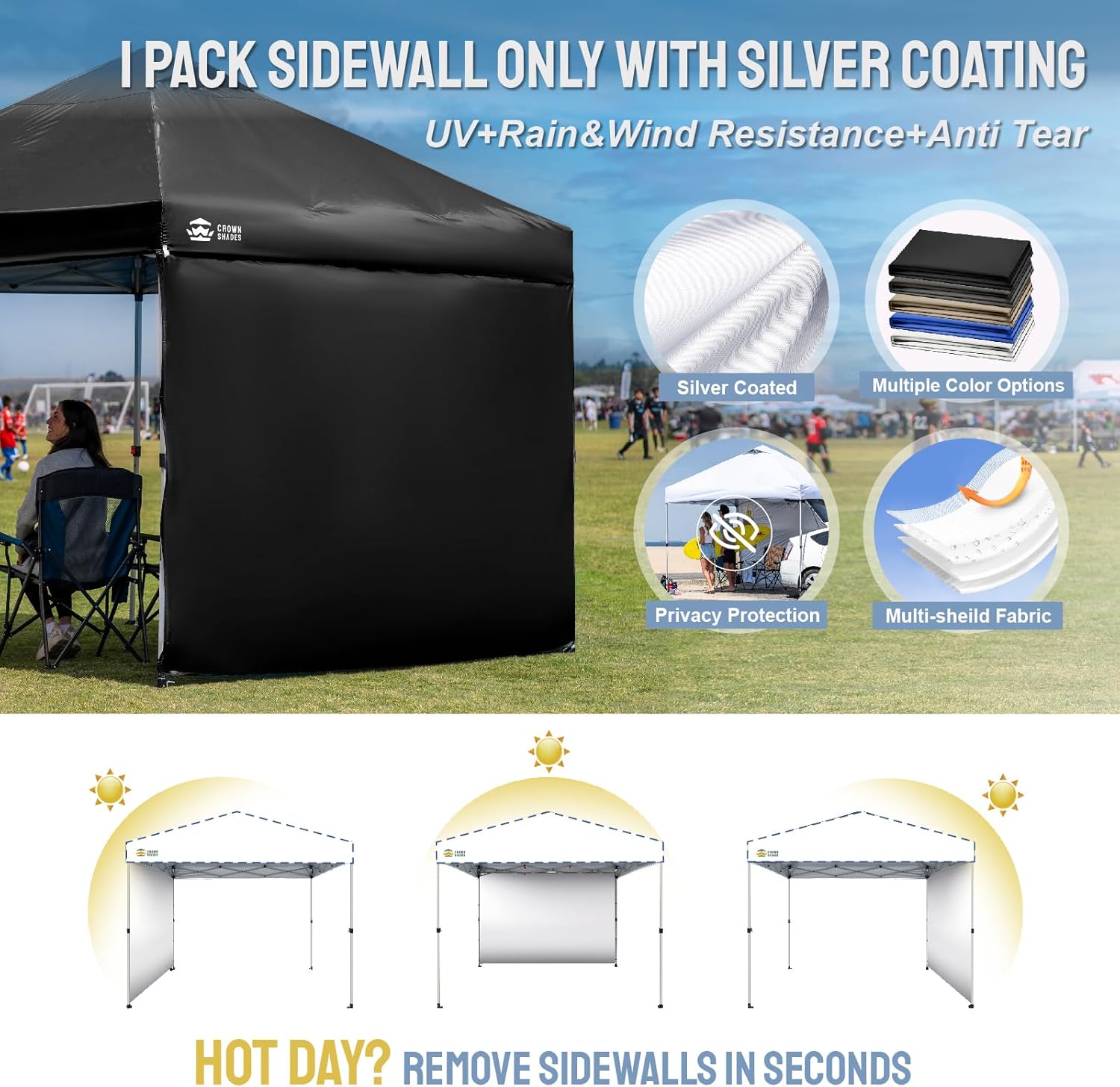 CROWN SHADES Sidewall Only for 10x10 Pop up Canopy Tent (1pc, Black) | Silver-Coated Sidewall Fabric, UPF 50+ Waterproof, Fits Straight Leg Pop-Up Canopies, Tent Not Included - Image 5